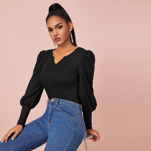 

Solid Notched Neck Puff Sleeve Tee, Black