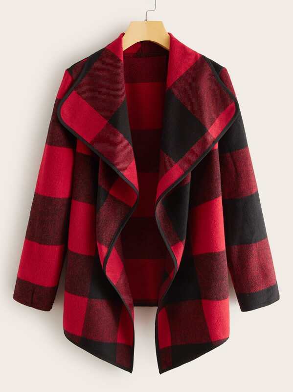 

Waterfall Asymmetrical Hem Buffalo Plaid Coat, Red