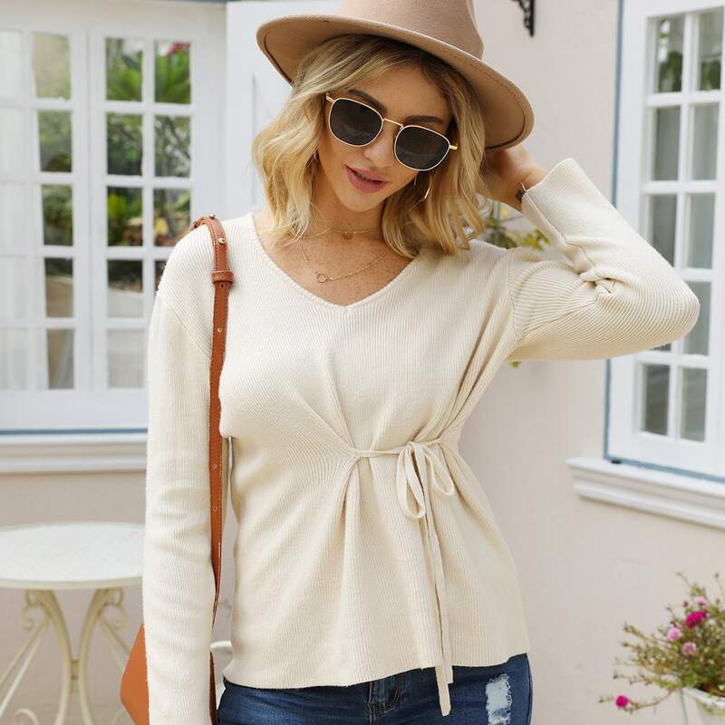 

Tie Front Ribbed Knit Sweater, Beige