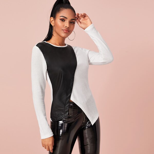 

Color Block Rib-knit Asymmetrical Hem Sweater, Black and white