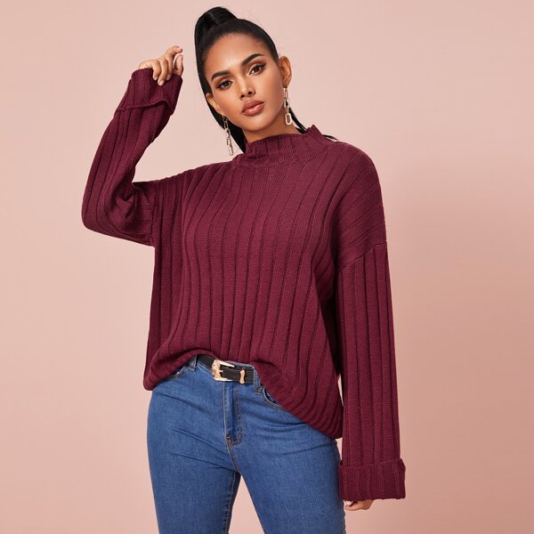 

Mock-neck Drop Shoulder Rib-knit Jumper, Burgundy