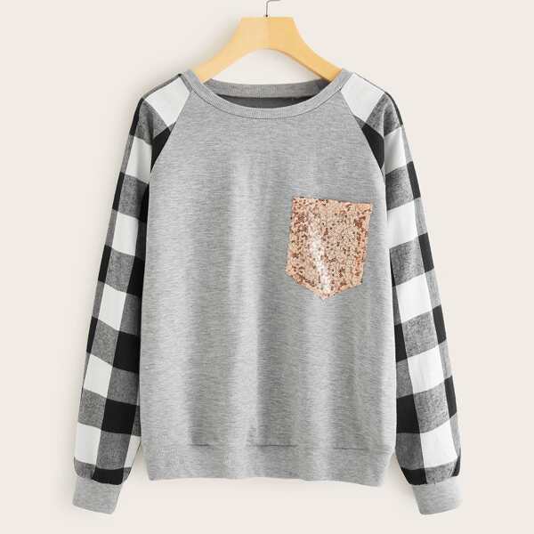 

Contrast Sequin Gingham Sleeve Sweatshirt, Grey