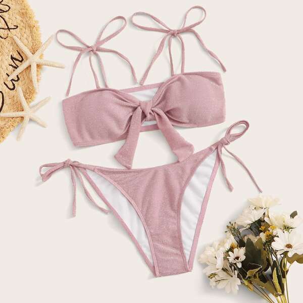 

Knot Front Sparkly Glitter Bikini Set, Pink