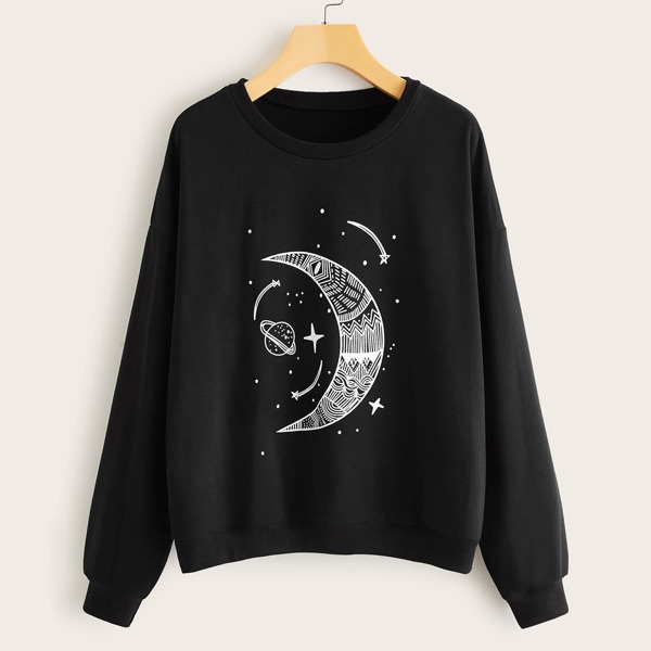 

Galaxy Print Drop Shoulder Sweatshirt, Black