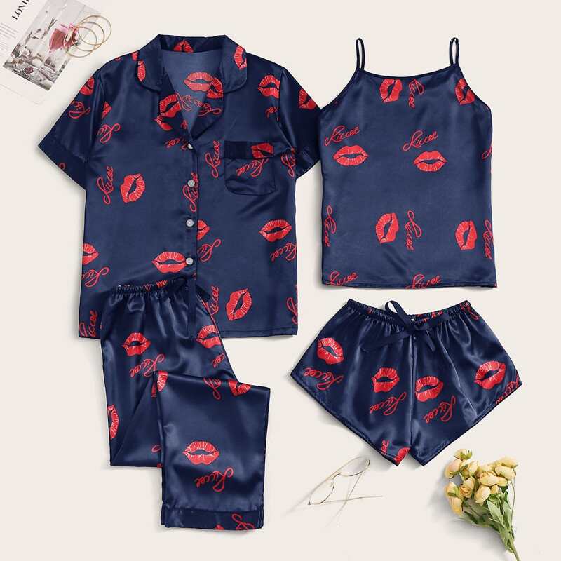 

4Pcs Lip & Letter Print Satin Pajama Set, Navy