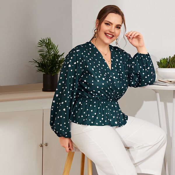 

Plus Confetti Heart Print Surplice Front Peplum Blouse, Green