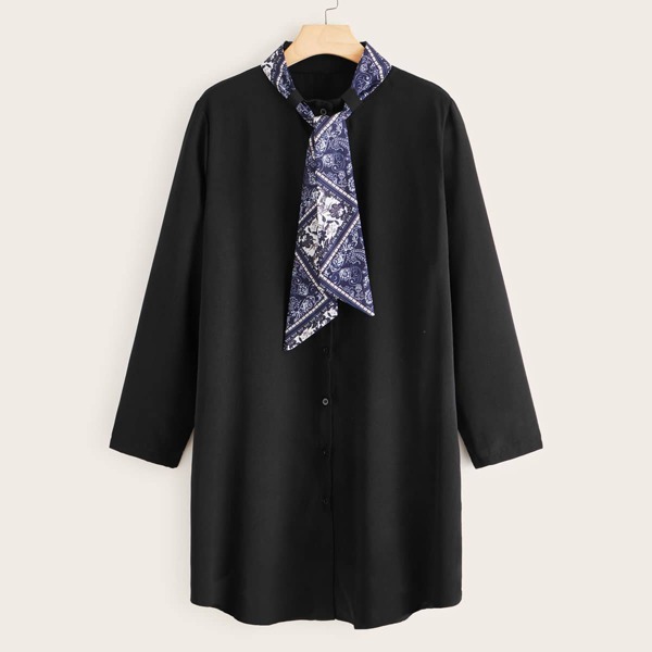 

Plus Button Up Solid Shirt Dress With Tie, Black