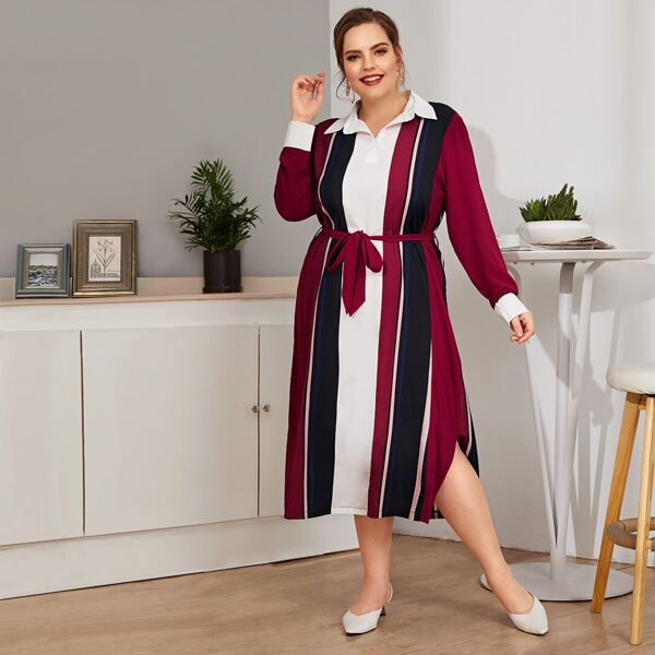 

Plus Block Striped Split Side Belted Shirt Dress, Multicolor