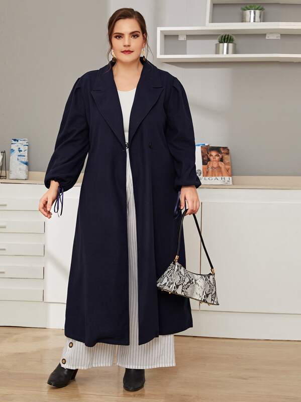 

Plus Drawstring Cuff Lapel Collar Coat, Navy, Ella