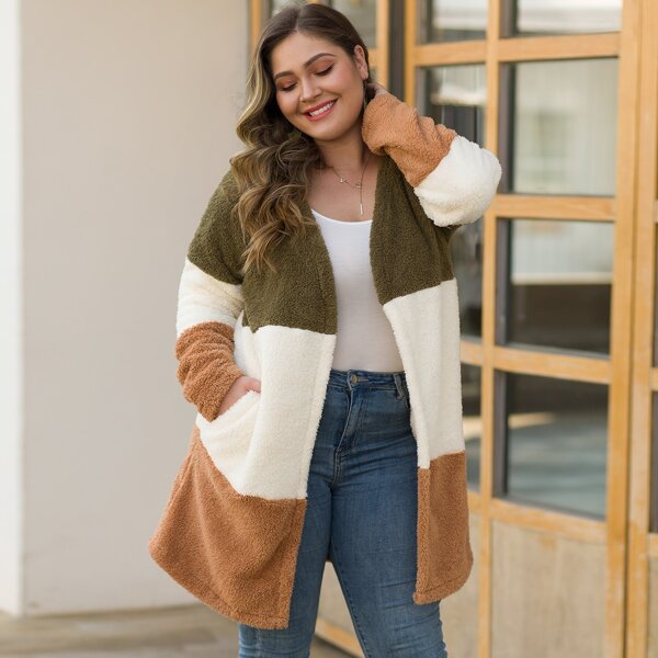 

Plus Cut And Sew Open Front Teddy Coat, Multicolor