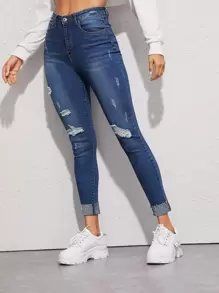 SHEIN Essnce High Waisted Ripped Cuffed Hem Skinny Jeans