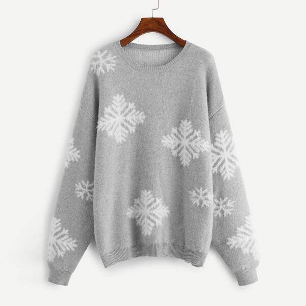 

Plus Snowflake Pattern Drop Shoulder Sweater, Grey