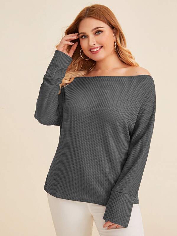 

Plus Off Shoulder Waffle Knit Sweater, Grey, Nora