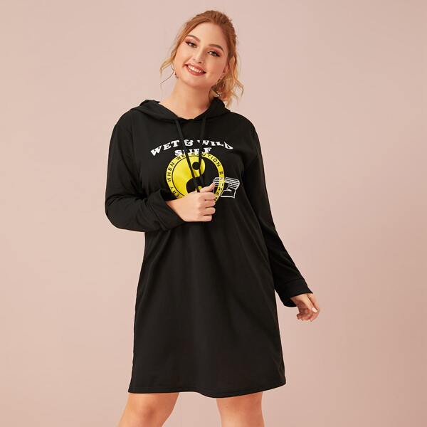 

Plus Letter Graphic Hooded Sweatshirt Dress, Black