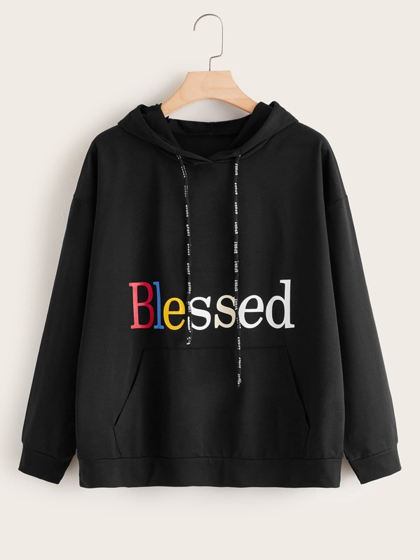 

Plus Letter Graphic Kangaroo Pocket Hoodie, Black
