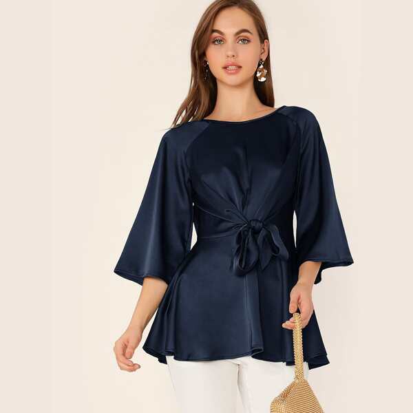 

Raglan Sleeve Tie Front Satin Top, Navy