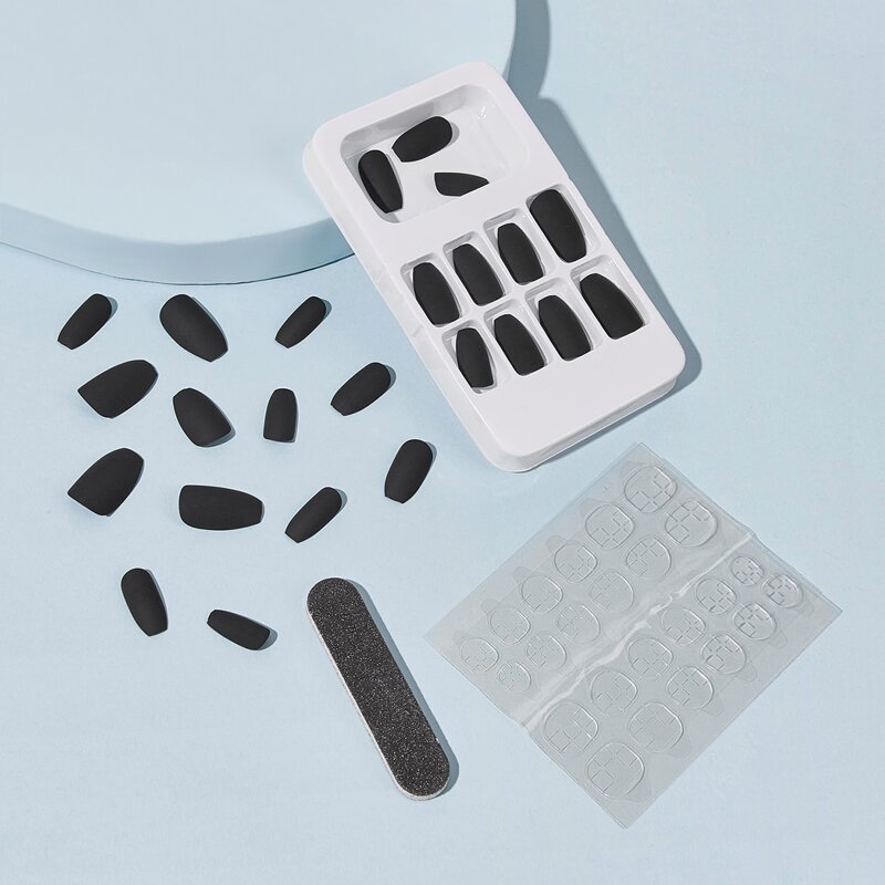 

24pcs Plain Fake Nail & Nail File With Side Tape, Black
