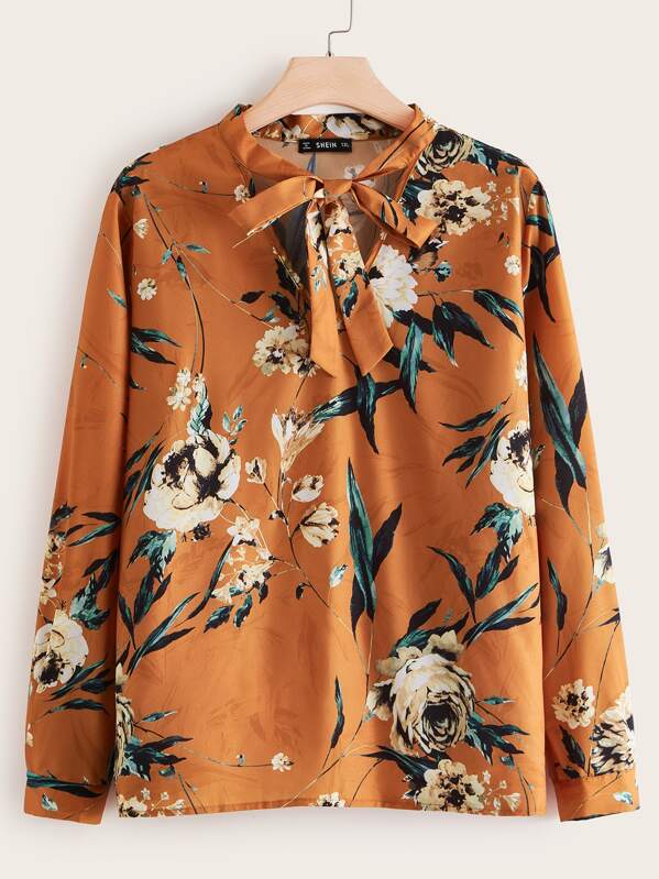 

Plus Tie Neck Floral Print Top, Orange