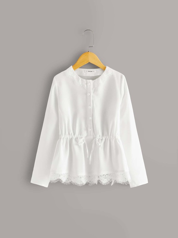

Girls Eyelash Lace Trim Drawstring Waist Blouse, White