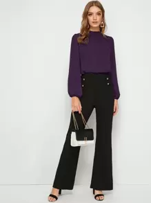 SHEIN Clasi Frill Neck Lantern Sleeve Top - Purple - View 3