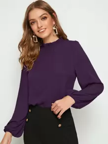 SHEIN Clasi Frill Neck Lantern Sleeve Top - Purple - View 4