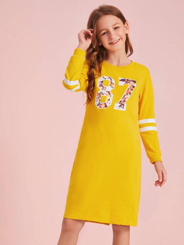 

Girls Neon Yellow Number and Striped Print Dress, Sashab
