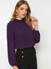 SHEIN Clasi Frill Neck Lantern Sleeve Top - Purple - View 5