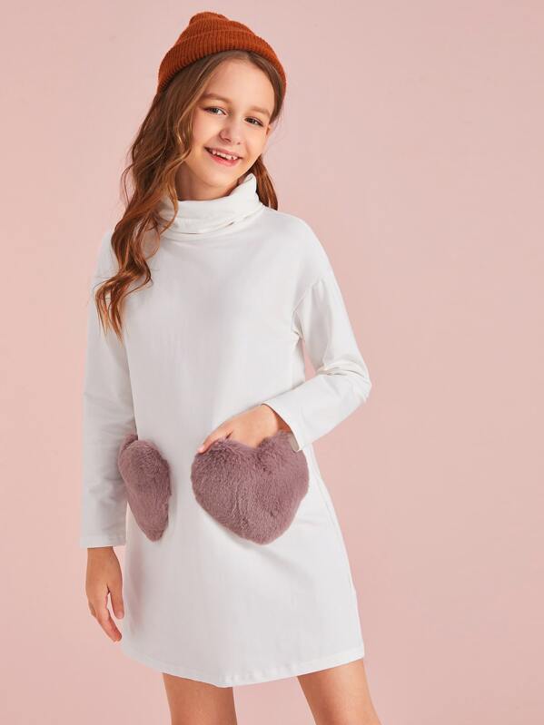 

Girls Turtleneck Faux Fur Heart Pocket Dress, White, Sashab