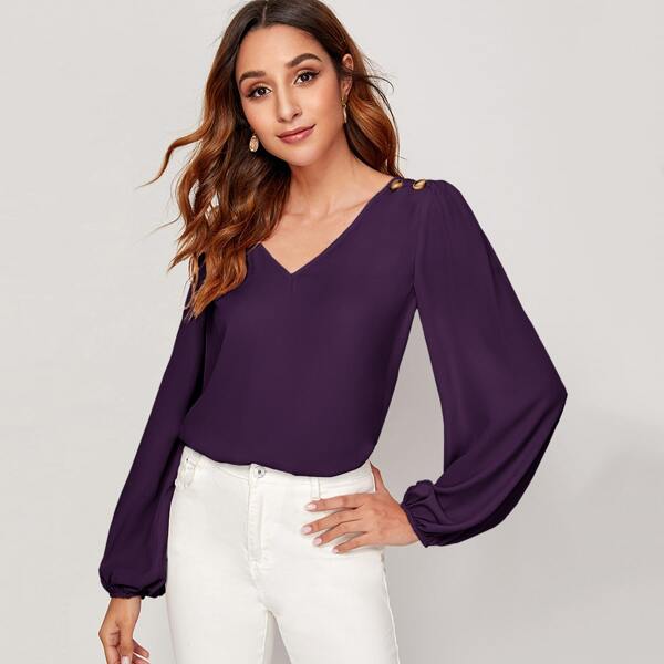 

Lantern Sleeve Button Shoulder Top, Purple