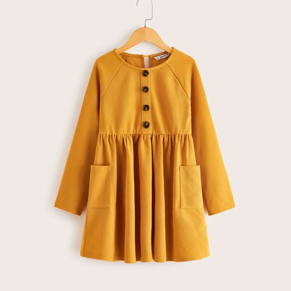 

Girls Button Detail Pocket Front Raglan Sleeve Dress, Bright mustard yellow