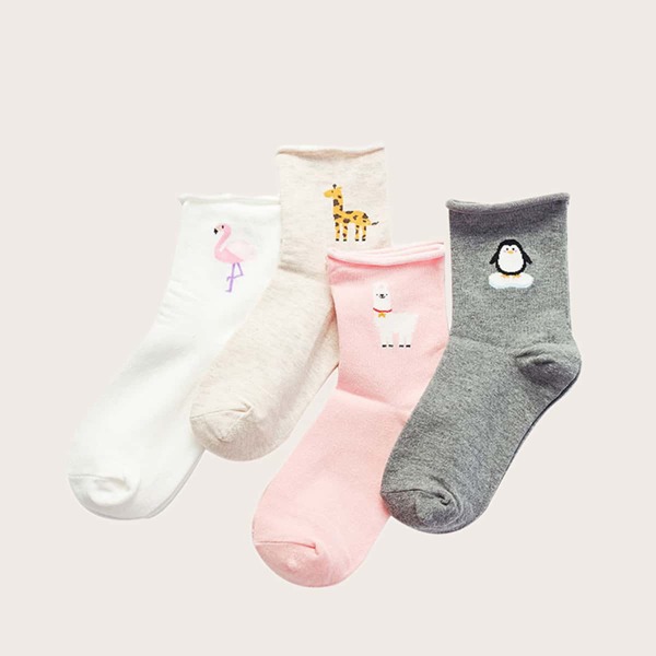 

4pairs Girls Giraffe & Flamingos Pattern Socks, Multicolor