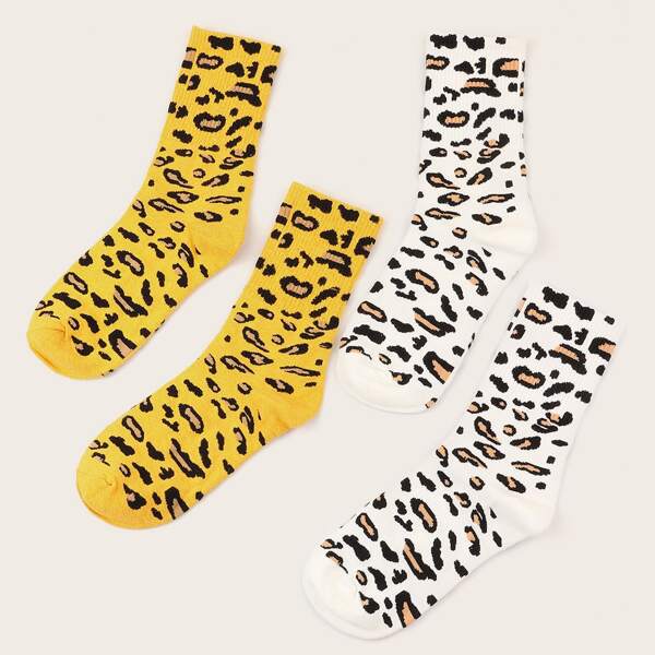 

2pairs Girls Leopard Pattern Socks, Multicolor