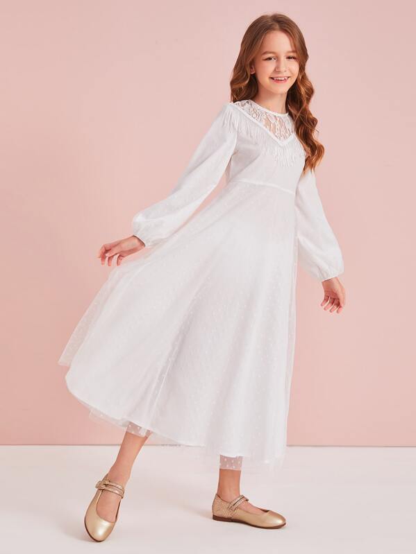 

Girls Lace Insert Fringe Detail Dobby Mesh Overlay Dress, White, Sashab