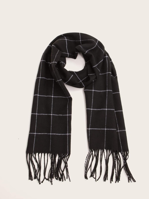 

Men Plaid Pattern Fringe Hem Scarf, Black and white