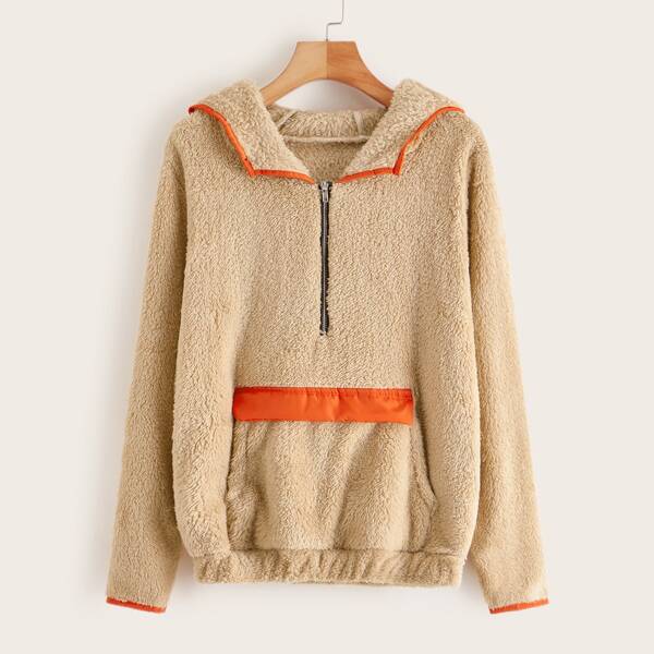 

Half Zip Contrast Binding Teddy Hoodie, Khaki