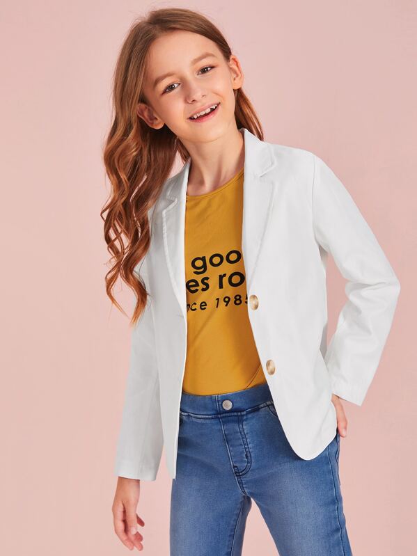 

Girls Notch Collar Button Front Blazer, White, Sashab