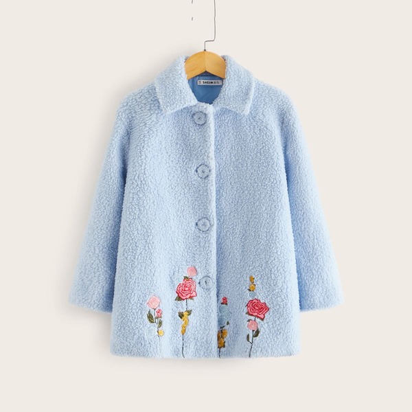 

Girls Single Breasted Flower Embroidered Teddy Coat, Blue pastel