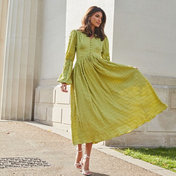 

V-neck Lantern Sleeve Textured Flare Dress, Lime green