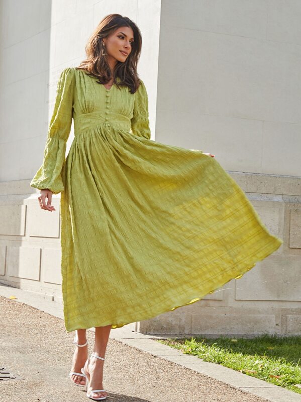

V-neck Lantern Sleeve Textured Flare Dress, Green, Fernanda Oliveira