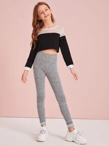 SHEIN Girls Contrast Striped Hem Leggings - Grey - View 4