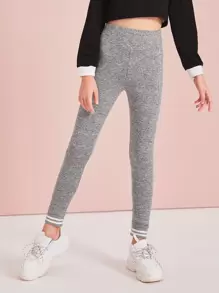 SHEIN Girls Contrast Striped Hem Leggings - Grey - View 1