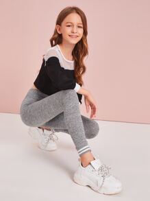 SHEIN Girls Contrast Striped Hem Leggings - Grey - View 5