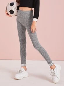 SHEIN Girls Contrast Striped Hem Leggings - Grey - View 3