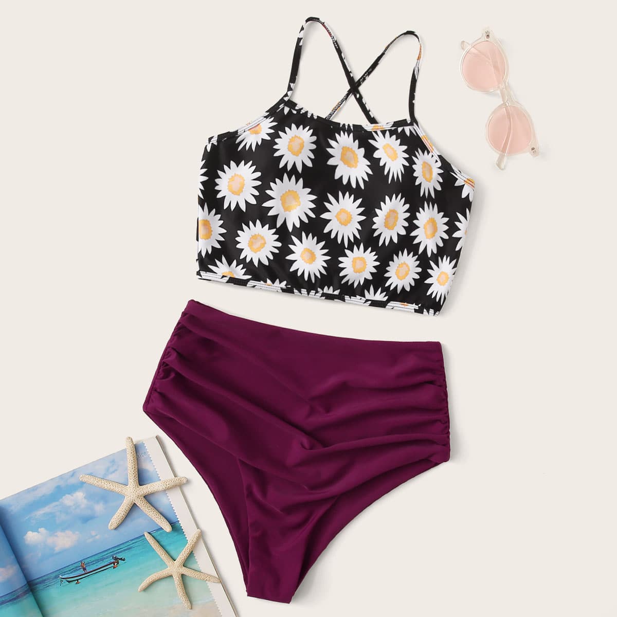 

Floral Lace Up Top With High Waist Bikini, Multicolor