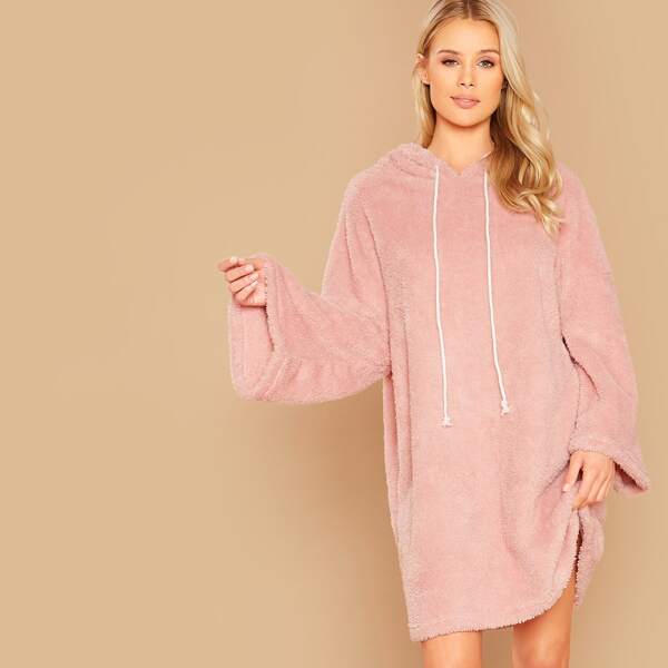 

Drop Shoulder Drawstring Hooded Teddy Dress, Pink pastel