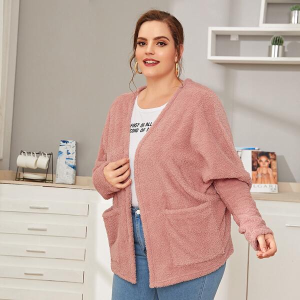 

Plus Pocket Front Teddy Coat, Pink pastel