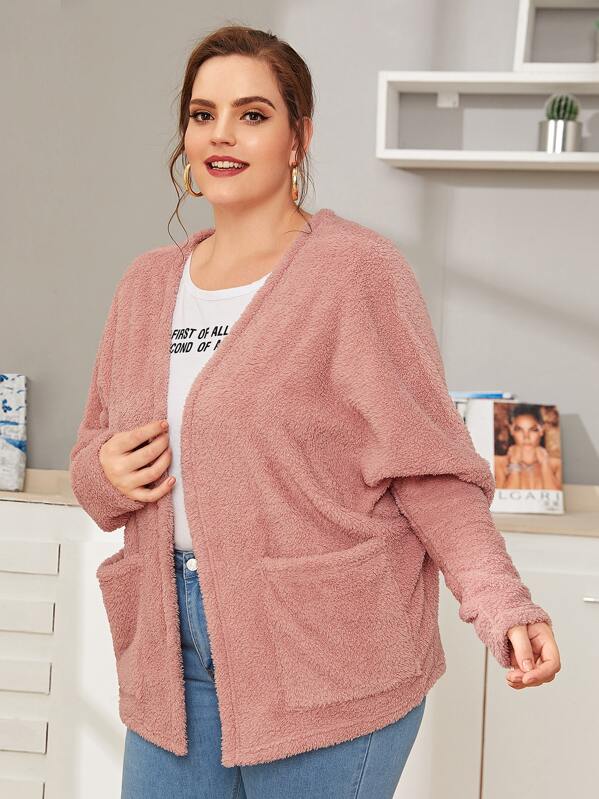 

Plus Pocket Front Teddy Coat, Pink, Ella