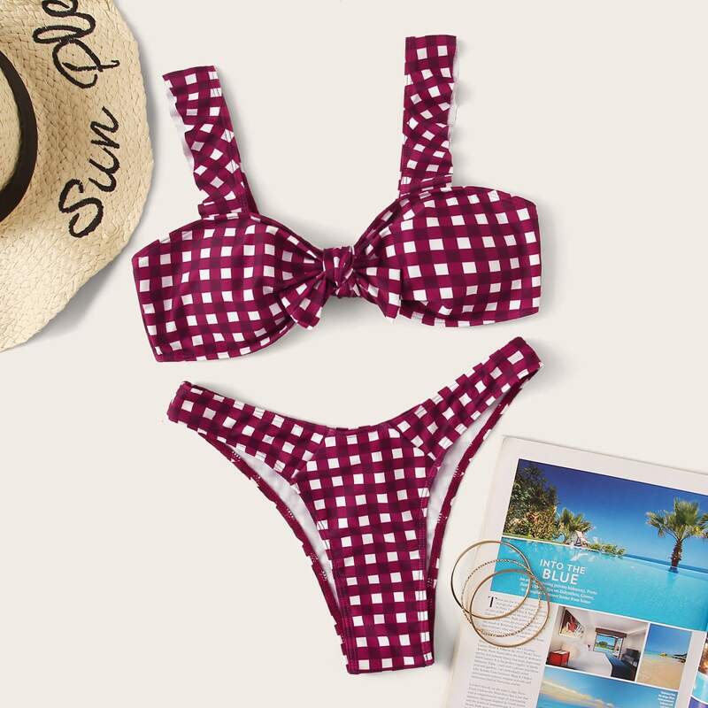 

Gingham Knot Front Top With High Cut Bikini Set, Multicolor