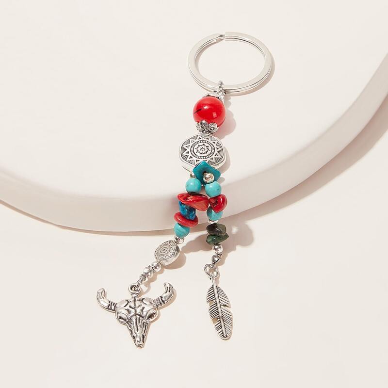 

Horn & Feather Charm Keychain, Silver