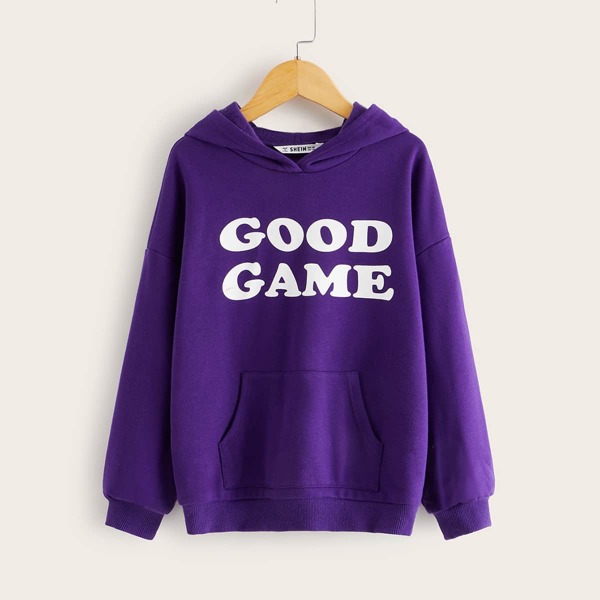 

Girls Pocket Front Slogan Graphic Hoodie, Purple